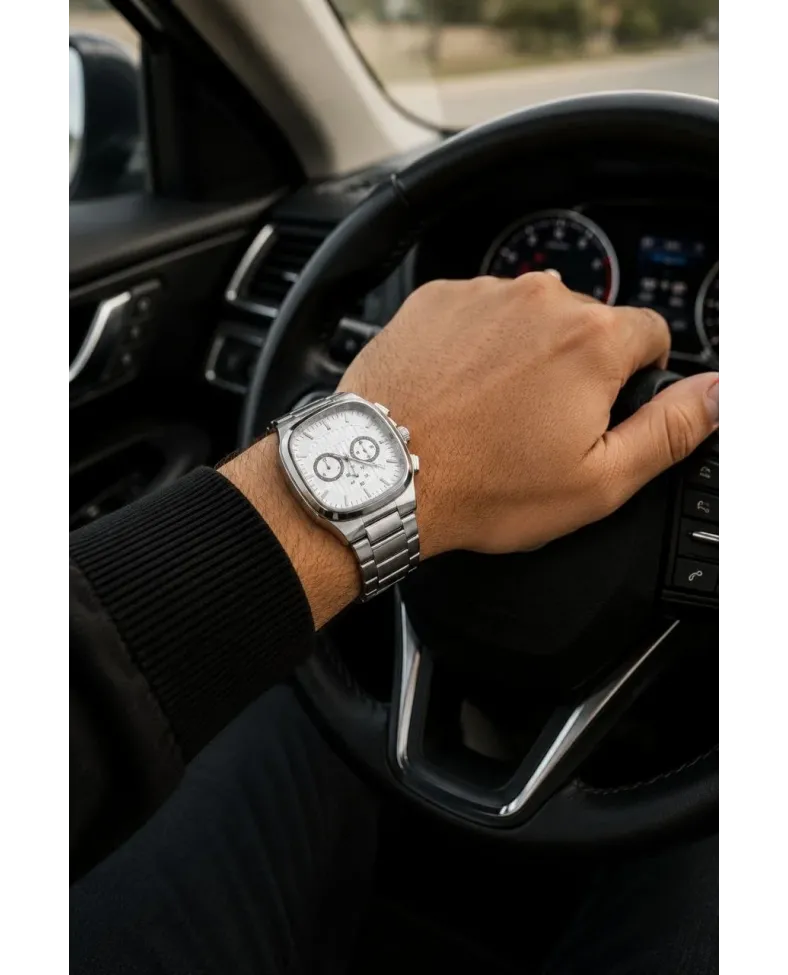 Erkek Gümüş Renk Metal Kordon Analog Kol Saati Çok Fonksiyonlu Beyaz Kadran - Gümüş