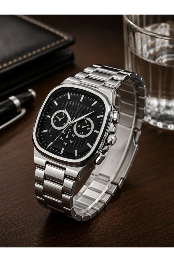 Erkek Gümüş Renk Metal Kordon Analog Kol Saati Siyah Kadran Takvim Göstergeli - Gümüş