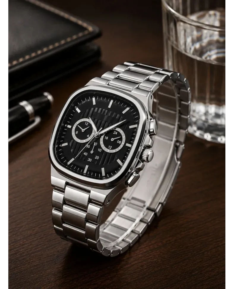 Erkek Gümüş Renk Metal Kordon Analog Kol Saati Siyah Kadran Takvim Göstergeli - Gümüş