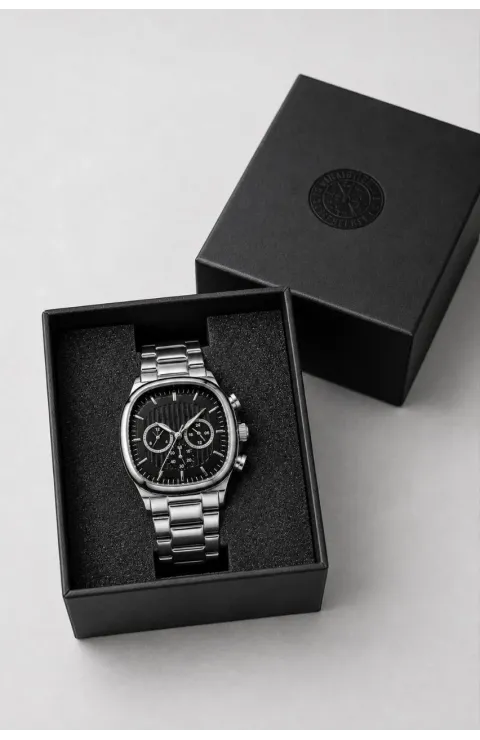 Erkek Gümüş Renk Metal Kordon Analog Kol Saati Siyah Kadran Takvim Göstergeli - Gümüş