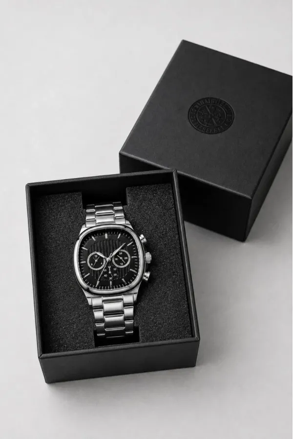 Erkek Gümüş Renk Metal Kordon Analog Kol Saati Siyah Kadran Takvim Göstergeli - Gümüş