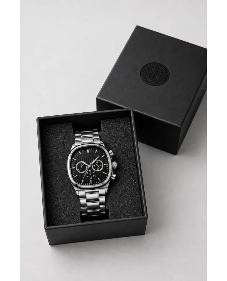 Erkek Gümüş Renk Metal Kordon Analog Kol Saati Siyah Kadran Takvim Göstergeli - Gümüş