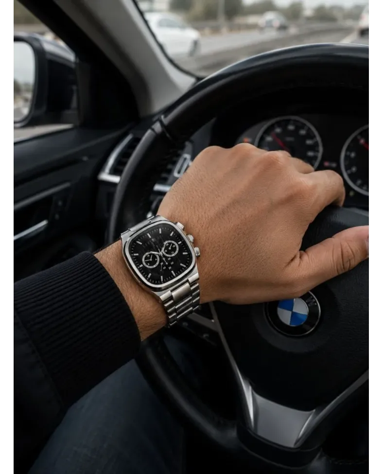 Erkek Gümüş Renk Metal Kordon Analog Kol Saati Siyah Kadran Takvim Göstergeli - Gümüş