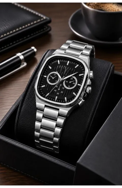 Erkek Gümüş Renk Metal Kordon Analog Kol Saati Siyah Kadran Takvim Göstergeli - Gümüş