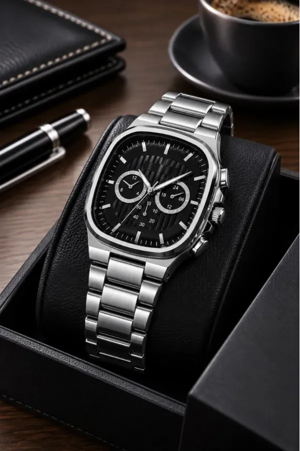 Erkek Gümüş Renk Metal Kordon Analog Kol Saati Siyah Kadran Takvim Göstergeli - Gümüş