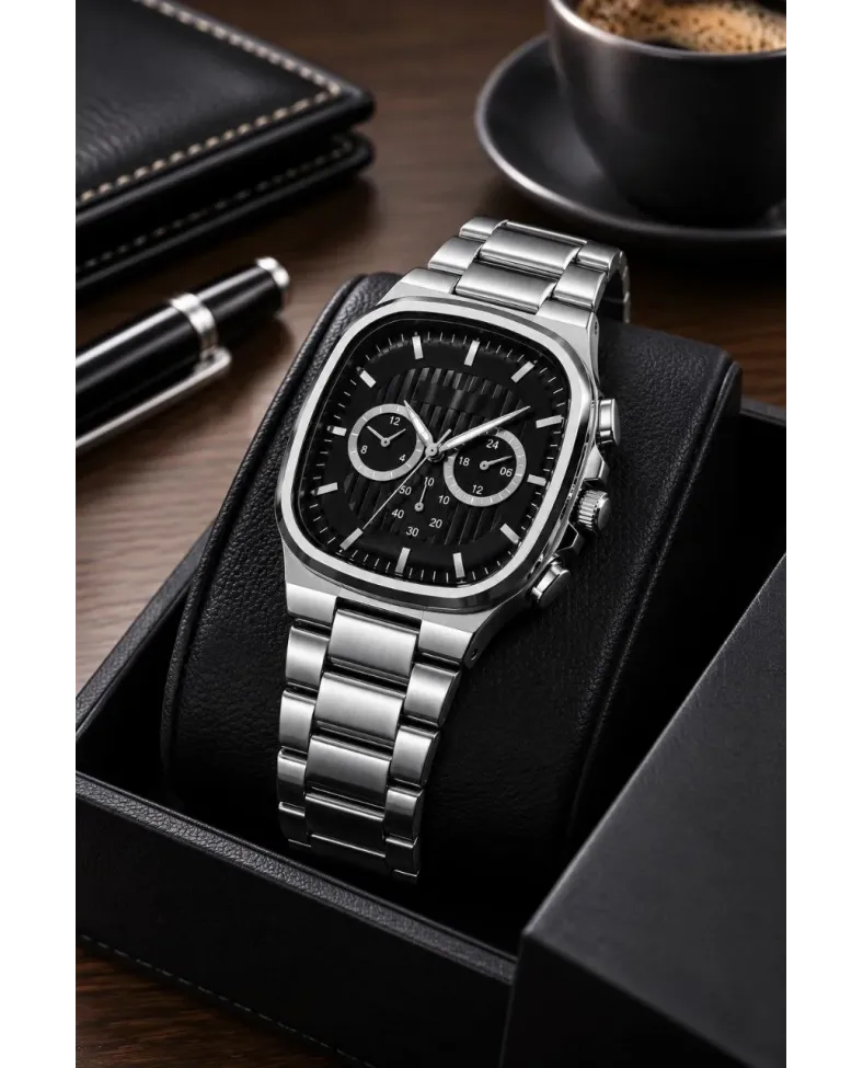 Erkek Gümüş Renk Metal Kordon Analog Kol Saati Siyah Kadran Takvim Göstergeli - Gümüş