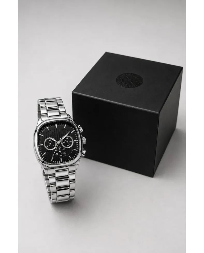 Erkek Gümüş Renk Metal Kordon Analog Kol Saati Siyah Kadran Takvim Göstergeli - Gümüş