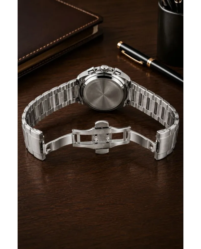 Erkek Gümüş Renk Metal Kordon Analog Kol Saati Siyah Kadran Takvim Göstergeli - Gümüş