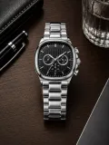 Erkek Gümüş Renk Metal Kordon Analog Kol Saati Siyah Kadran Takvim Göstergeli - Gümüş