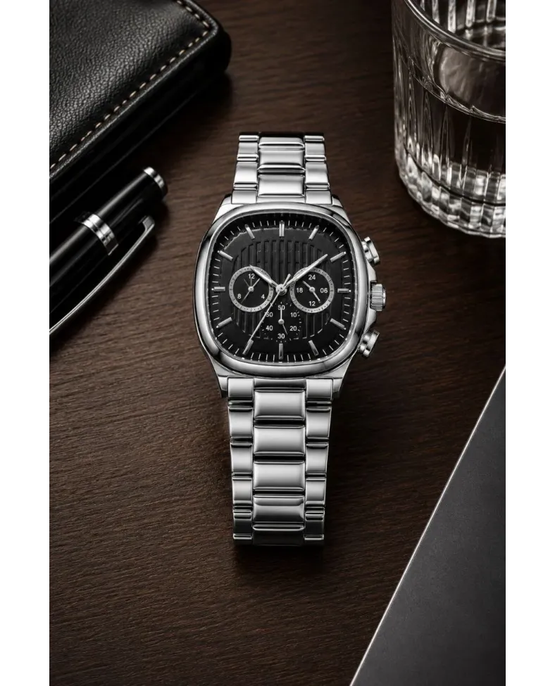 Erkek Gümüş Renk Metal Kordon Analog Kol Saati Siyah Kadran Takvim Göstergeli - Gümüş
