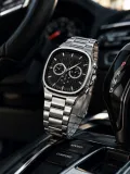 Erkek Gümüş Renk Metal Kordon Analog Kol Saati Siyah Kadran Takvim Göstergeli - Gümüş