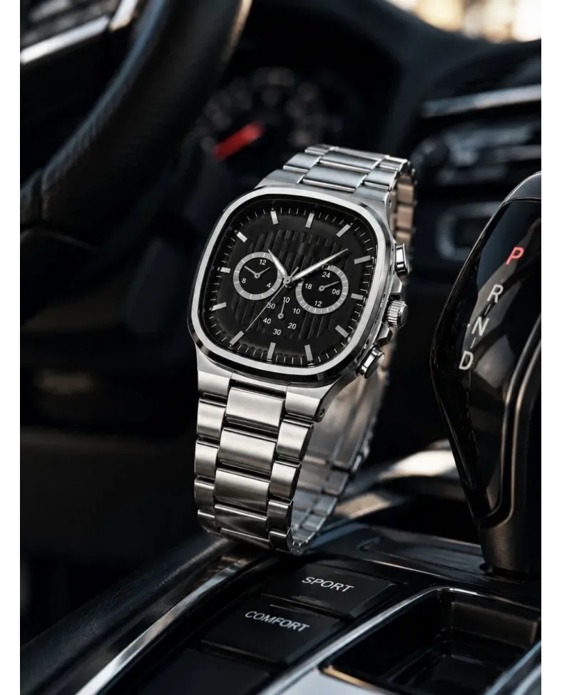 Erkek Gümüş Renk Metal Kordon Analog Kol Saati Siyah Kadran Takvim Göstergeli - Gümüş