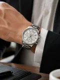 Erkek Gümüş Renk Metal Kordon Analog Kol Saati Takvim Göstergeli Beyaz Kadran - Gümüş