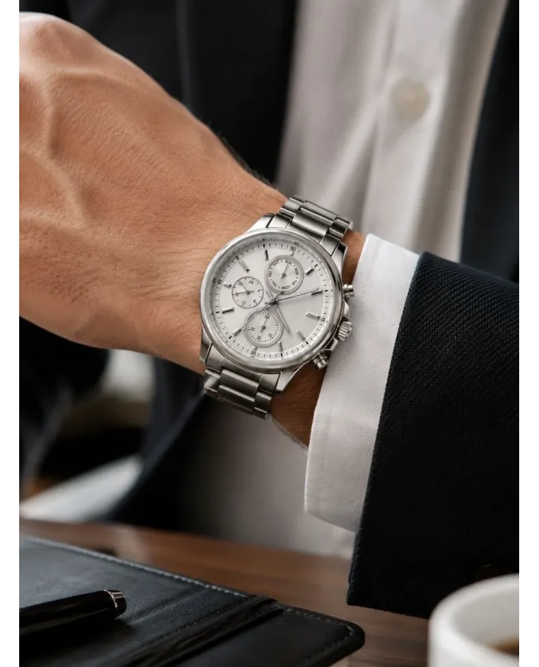 Erkek Gümüş Renk Metal Kordon Analog Kol Saati Takvim Göstergeli Beyaz Kadran - Gümüş