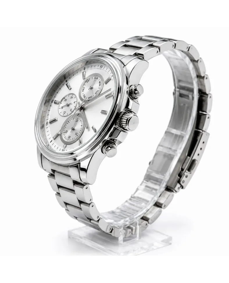 Erkek Gümüş Renk Metal Kordon Analog Kol Saati Takvim Göstergeli Beyaz Kadran - Gümüş