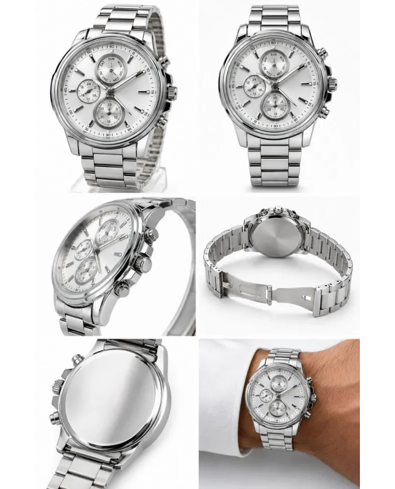 Erkek Gümüş Renk Metal Kordon Analog Kol Saati Takvim Göstergeli Beyaz Kadran - Gümüş