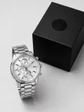 Erkek Gümüş Renk Metal Kordon Analog Kol Saati Takvim Göstergeli Beyaz Kadran - Gümüş