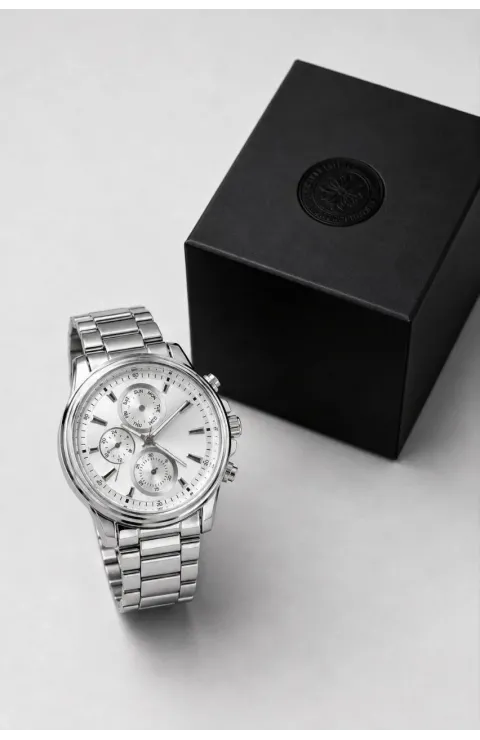 Erkek Gümüş Renk Metal Kordon Analog Kol Saati Takvim Göstergeli Beyaz Kadran - Gümüş