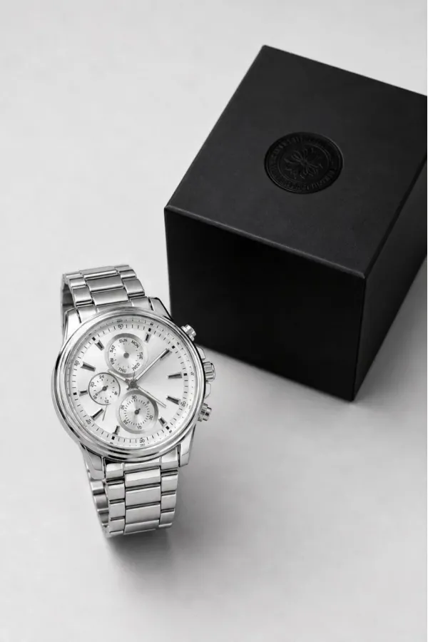 Erkek Gümüş Renk Metal Kordon Analog Kol Saati Takvim Göstergeli Beyaz Kadran - Gümüş