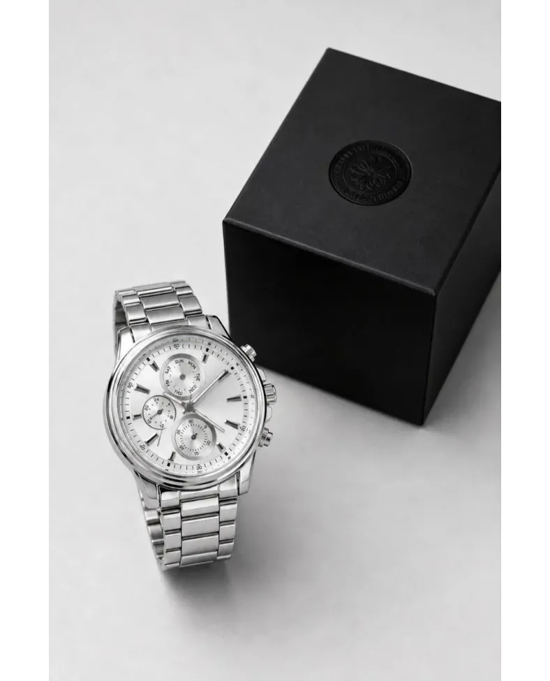 Erkek Gümüş Renk Metal Kordon Analog Kol Saati Takvim Göstergeli Beyaz Kadran - Gümüş