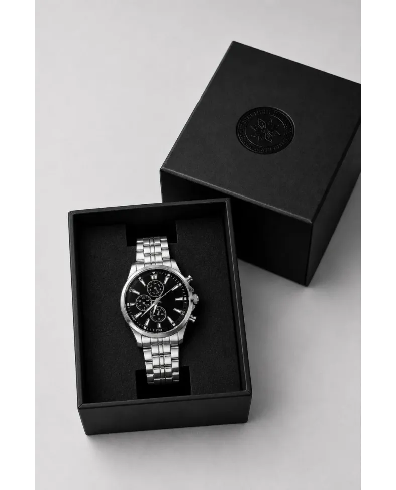 Erkek Gümüş Renk Metal Kordon Analog Kol Saati Takvim Göstergeli Siyah Kadran - Gümüş