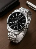 Erkek Gümüş Renk Metal Kordon Analog Kol Saati Takvim Göstergeli Siyah Kadran - Gümüş
