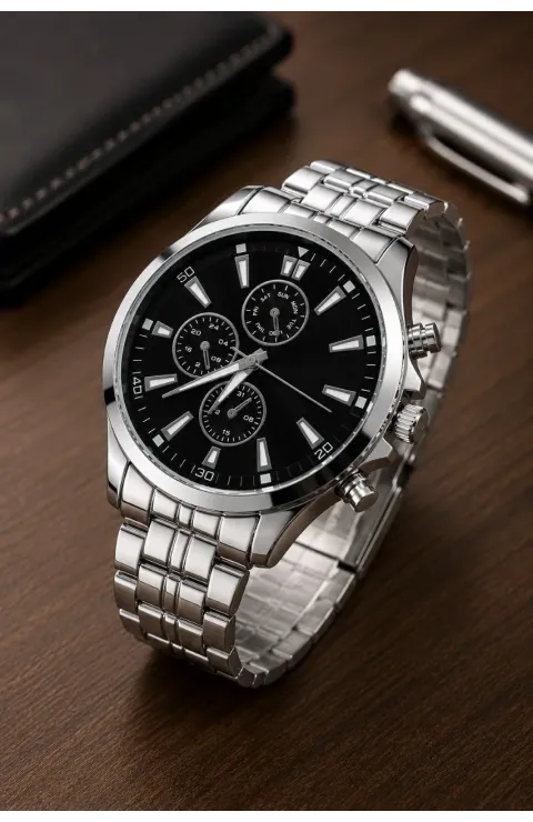 Erkek Gümüş Renk Metal Kordon Analog Kol Saati Takvim Göstergeli Siyah Kadran - Gümüş