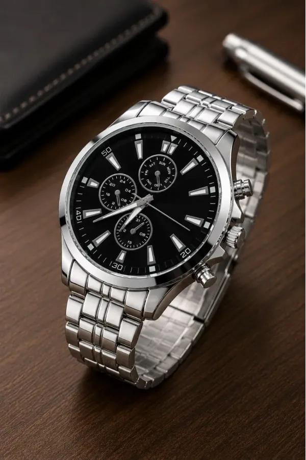 Erkek Gümüş Renk Metal Kordon Analog Kol Saati Takvim Göstergeli Siyah Kadran - Gümüş