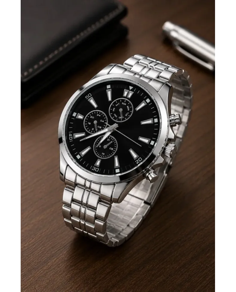 Erkek Gümüş Renk Metal Kordon Analog Kol Saati Takvim Göstergeli Siyah Kadran - Gümüş