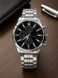 Erkek Gümüş Renk Metal Kordon Analog Kol Saati Takvim Göstergeli Siyah Kadran - Gümüş