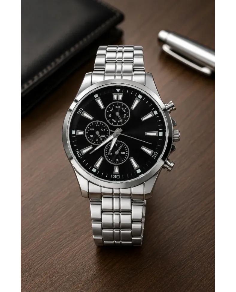 Erkek Gümüş Renk Metal Kordon Analog Kol Saati Takvim Göstergeli Siyah Kadran - Gümüş