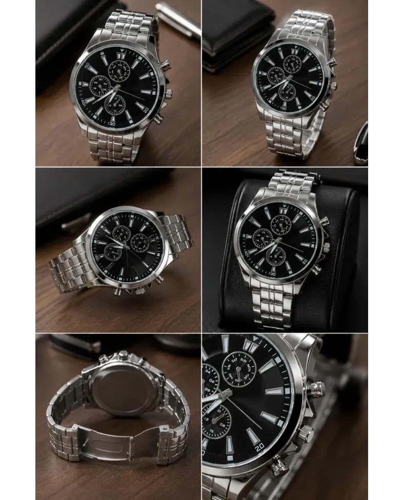 Erkek Gümüş Renk Metal Kordon Analog Kol Saati Takvim Göstergeli Siyah Kadran - Gümüş