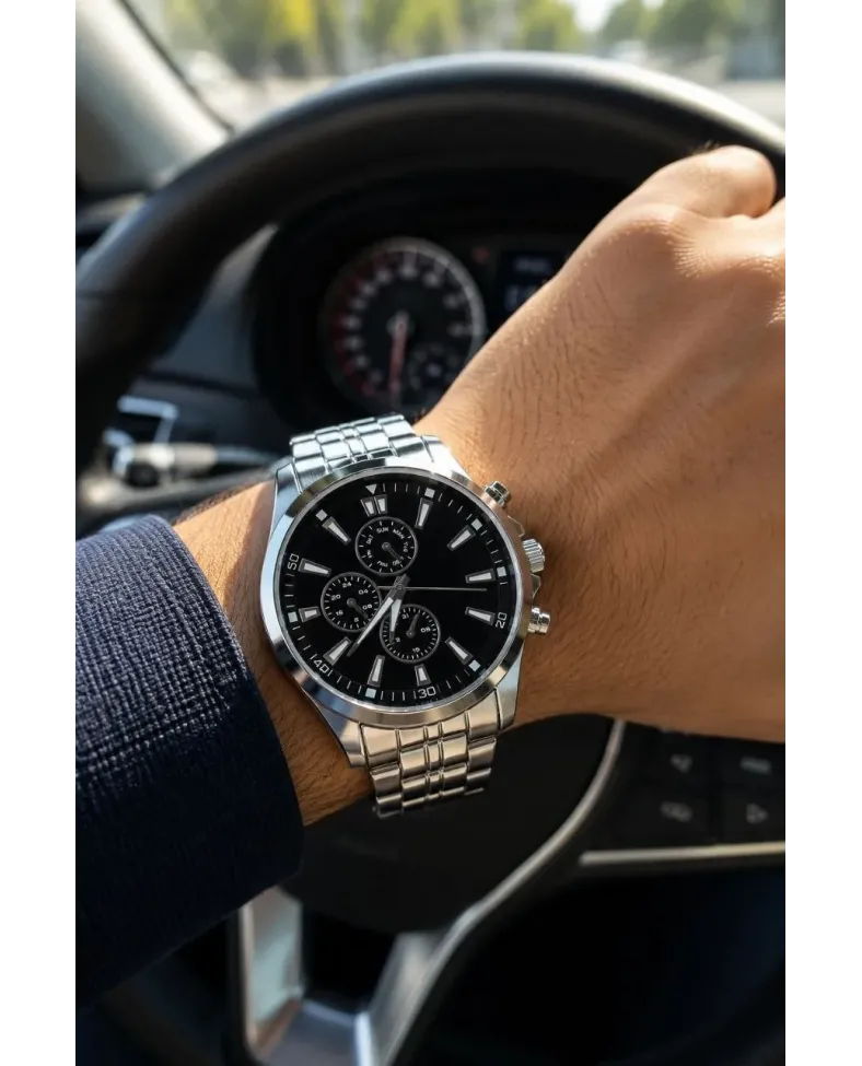 Erkek Gümüş Renk Metal Kordon Analog Kol Saati Takvim Göstergeli Siyah Kadran - Gümüş