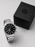 Erkek Gümüş Renk Metal Kordon Analog Kol Saati Takvim Göstergeli Siyah Kadran - Gümüş