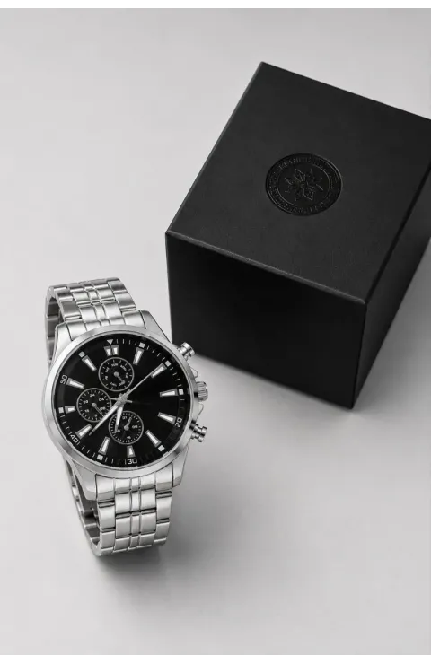 Erkek Gümüş Renk Metal Kordon Analog Kol Saati Takvim Göstergeli Siyah Kadran - Gümüş