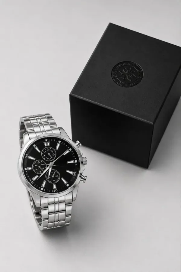 Erkek Gümüş Renk Metal Kordon Analog Kol Saati Takvim Göstergeli Siyah Kadran - Gümüş