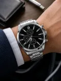 Erkek Gümüş Renk Metal Kordon Analog Kol Saati Takvim Göstergeli Siyah Kadran - Gümüş