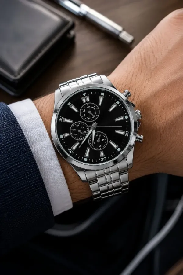 Erkek Gümüş Renk Metal Kordon Analog Kol Saati Takvim Göstergeli Siyah Kadran - Gümüş