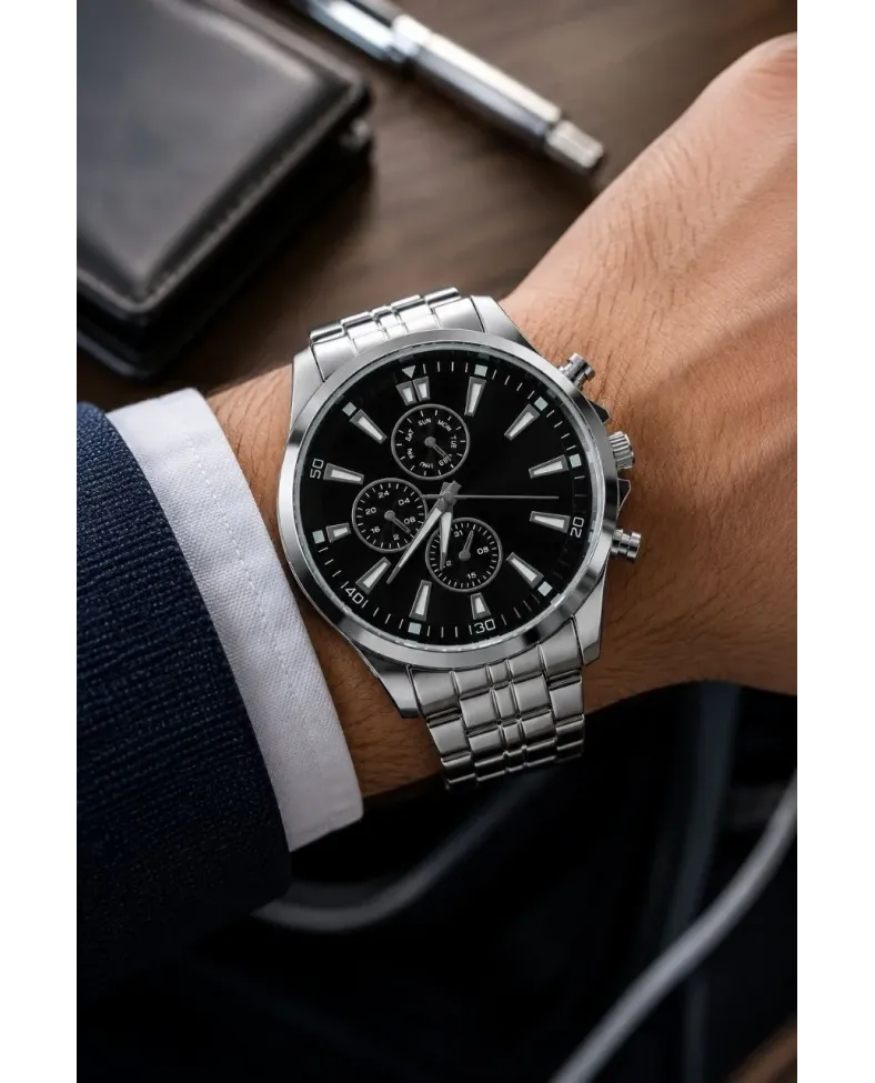 Erkek Gümüş Renk Metal Kordon Analog Kol Saati Takvim Göstergeli Siyah Kadran - Gümüş
