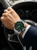 Erkek Gümüş Renk Metal Kordon Analog Kol Saati Takvim Göstergeli Yeşil Siyah Kadran - Gümüş