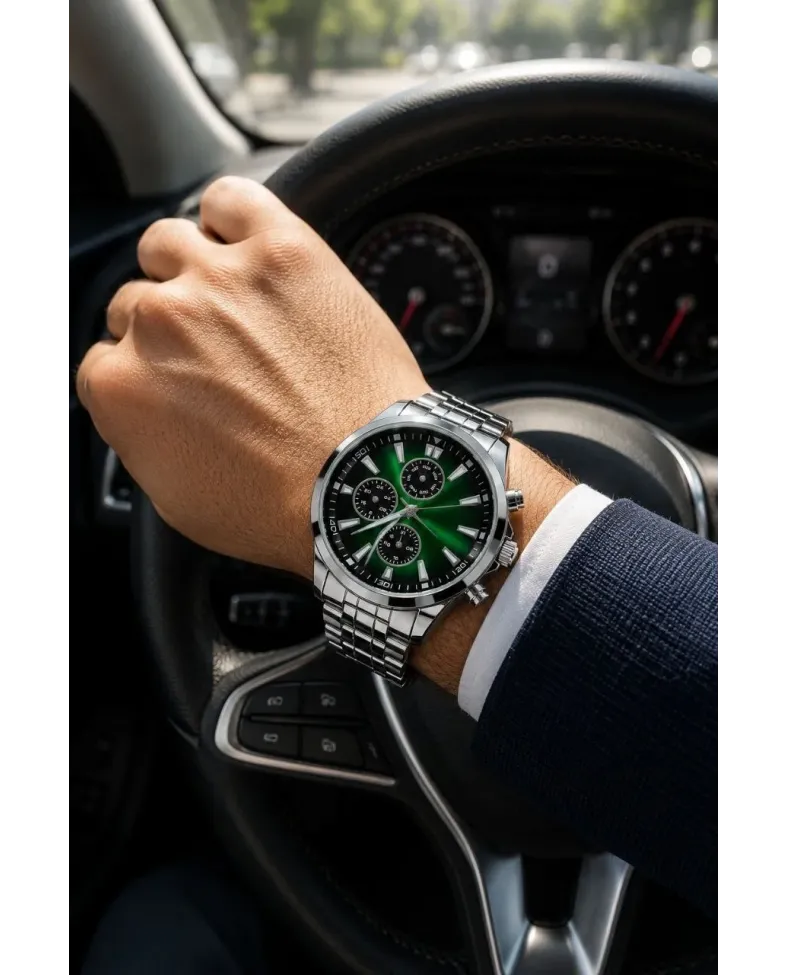 Erkek Gümüş Renk Metal Kordon Analog Kol Saati Takvim Göstergeli Yeşil Siyah Kadran - Gümüş