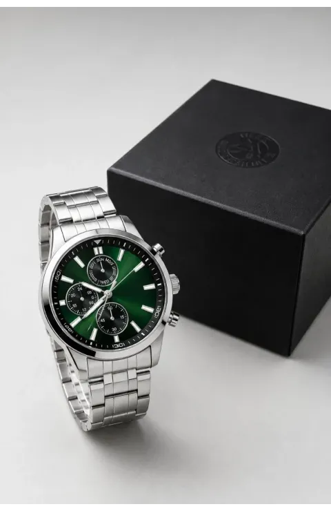 Erkek Gümüş Renk Metal Kordon Analog Kol Saati Takvim Göstergeli Yeşil Siyah Kadran - Gümüş