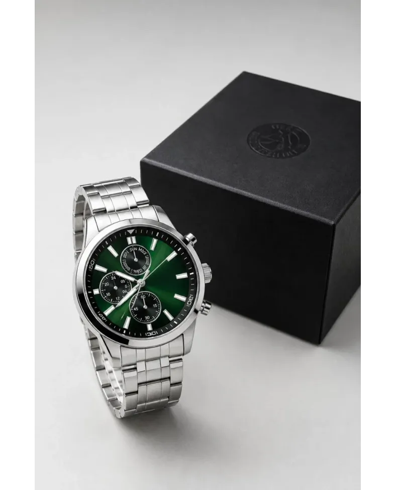 Erkek Gümüş Renk Metal Kordon Analog Kol Saati Takvim Göstergeli Yeşil Siyah Kadran - Gümüş