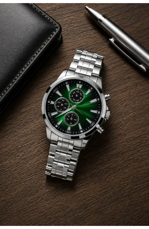 Erkek Gümüş Renk Metal Kordon Analog Kol Saati Takvim Göstergeli Yeşil Siyah Kadran - Gümüş