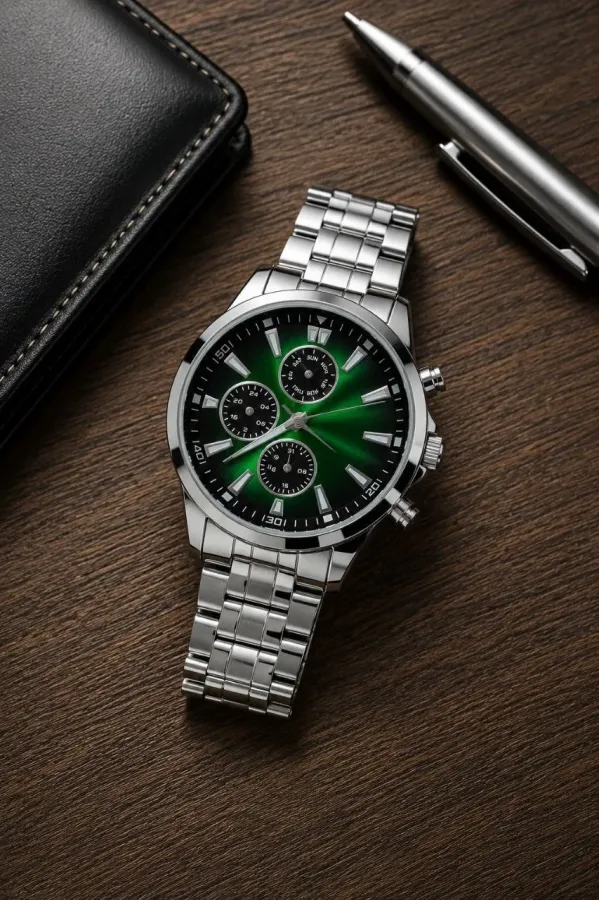 Erkek Gümüş Renk Metal Kordon Analog Kol Saati Takvim Göstergeli Yeşil Siyah Kadran - Gümüş