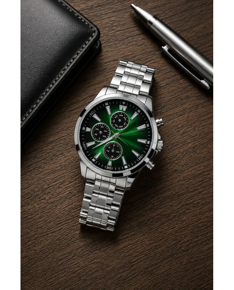 Erkek Gümüş Renk Metal Kordon Analog Kol Saati Takvim Göstergeli Yeşil Siyah Kadran - Gümüş