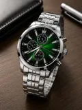 Erkek Gümüş Renk Metal Kordon Analog Kol Saati Takvim Göstergeli Yeşil Siyah Kadran - Gümüş