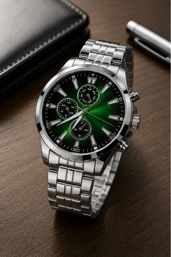 Erkek Gümüş Renk Metal Kordon Analog Kol Saati Takvim Göstergeli Yeşil Siyah Kadran - Gümüş