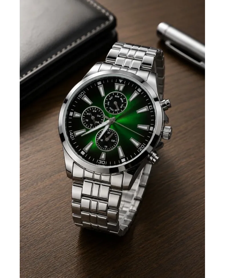 Erkek Gümüş Renk Metal Kordon Analog Kol Saati Takvim Göstergeli Yeşil Siyah Kadran - Gümüş