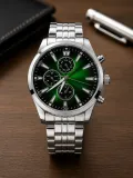 Erkek Gümüş Renk Metal Kordon Analog Kol Saati Takvim Göstergeli Yeşil Siyah Kadran - Gümüş